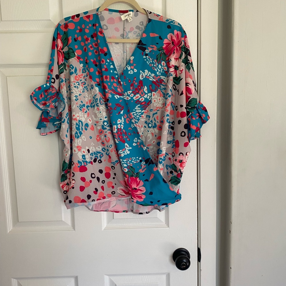 Umgee Blue and Pink Wrap Ruffled Blouse 3/4 Sleeve